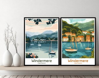 Cartaz do Lago Windermere, impressão de viagem, Inglaterra, Windermere, pôster em tela, paisagem urbana, designer de parede, Reino Unido, ilustração retrô para presente
