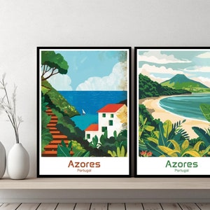 Póster de viaje de las Azores, Portugal, impresión de lienzo de las Islas Azores, arte de pared, decoración del hogar, aventura, océano Atlántico, isla, playa, regalo, ilustración