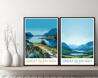 Póster de Great Glen Way, Escocia, impresión de viaje, Escocia, Great Glen Way, lienzo, póster de pared, paisaje urbano, regalo de diseñador, ilustración de Escocia, decoración