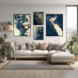 Modern Geometric Map Poster Of Nile River Egypt | Blue Gold Topographic Print | Abstract Minimalist River Design For Home Or Office Decor