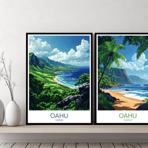 Oahu Hawaii Poster Viaggio Stampa Ka'ala Island Beach Maui O'ahu Tela Poster da parete Paesaggio urbano Designer Regalo Hawaii USA Illustrazione Decor