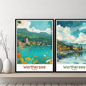 Poster di viaggio del lago Wörthersee, Austria. Stampa su tela. Poster di paesaggio urbano, arte, designer, parete, Austria, regalo retrò, illustrazione.
