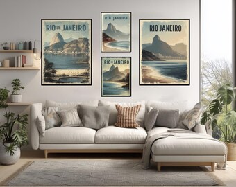 Póster de viaje vintage de Río de Janeiro, Brasil, arte de pared retro, Pan de Azúcar, Cristo Redentor
