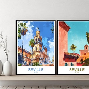 Póster de viaje de Sevilla, España, impresión de Sevilla, Andalucía, Alcázar, lienzo vintage, póster de pared, paisaje urbano, diseñador, ilustración retro de España, decoración.