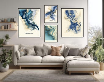 Abstract Geometric Poster Of Seine River Paris France Modern Minimalist Mapping Style Topographic Blue And Gold Travel Wall Art Print