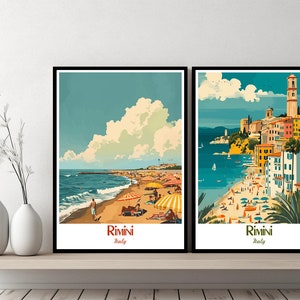 May include: Two vintage travel posters featuring a beach scene in Rimini, Italy. The posters are in a black frame and have a retro style with a blue sky, white clouds, and a sandy beach with people and umbrellas. The text on the posters reads "Rimini, Italy".