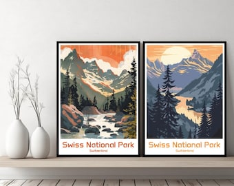 Poster del Parco Nazionale Svizzero, Stampa di Viaggio, Poster su Tela del Parco Svizzero, Paesaggio Urbano, Arte, Designer, Parete, Svizzera, Retro, Regalo, Illustrazione