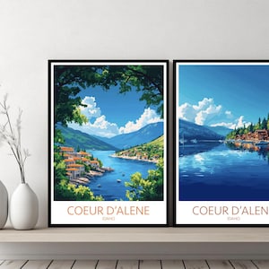 Coeur d’Alene Idaho Poster Travel Print United States Coeur d’Alene City Landscape Canvas Wall Designer Gift Digital Illustration Decor