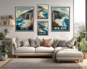 Poster di viaggio sulla costa di Big Sur, California, arte murale retrò della Highway 1, stampa del ponte Bixby di Big Sur, decorazioni costiere della California, regalo naturalistico di Big Sur