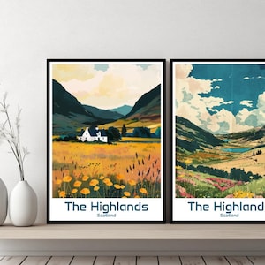 Poster delle Highlands scozzesi, stampa di viaggio, poster su tela delle Highlands scozzesi, poster di design con paesaggio urbano, illustrazione retrò da parete, regalo scozzese.