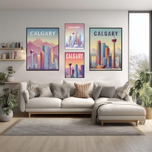 Calgary Canada Modern Travel Poster Ultra Modern Minimalist Wall Art Futuristic City Skyline Print Vibrant Colors Contemporary Home Decor