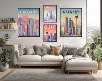 Calgary Canada Modern Travel Poster Ultra Modern Minimalist Wall Art Futuristic City Skyline Print Vibrant Colors Contemporary Home Decor