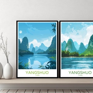 Yangshuo China Poster Travel Print Yangshuo Guilin City Guangxi Canvas Wall Poster Cityscape Designer Gift China Illustration Decor
