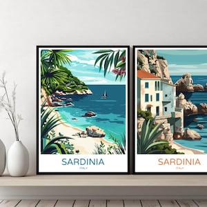 Sardinia Italy Poster Travel Print Italian Sardinia Island Mediterranean Sea Canvas Wall Poster Cityscape Designer Gift Italy Illustration
