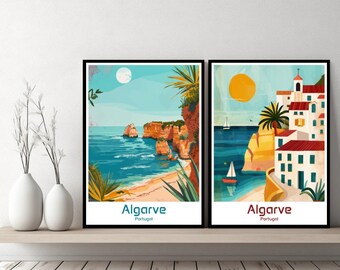 Cartaz de viagem Algarve Portugal Impressão Portugal Algarve Faro Branco Cartaz em tela Paisagem urbana Designer de parede Portugal Retro Presente Ilustração
