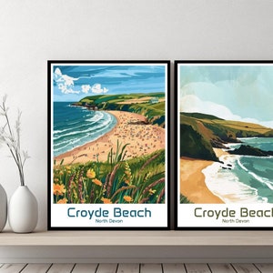 Póster de Croyde Beach, North Devon, impresión de viaje, lienzo de Croyde Beach, paisaje urbano, diseño de arte de pared, regalo retro, ilustración, decoración