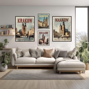 Krakow Poland Vintage Travel Poster With Retro Brush Style And Market Square Scene | Minimalist Printable Art For Travel And History Lovers