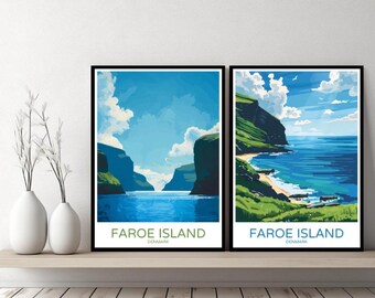 Faroe Island Denmark Poster Travel Print Faroe Island Sørvágsvatn Canvas Wall Poster Cityscape Designer Gift Denmark Illustration Decor