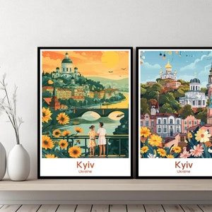 Póster de viaje de Kyiv, Ucrania. Impresión en lienzo de Ucrania. Póster de paisaje urbano. Diseño de pared. Ilustración de regalo retro de Ucrania.