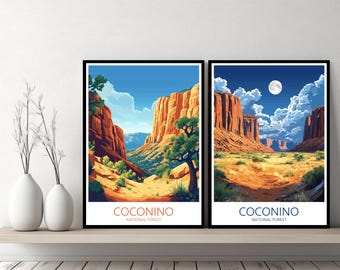 Floresta Nacional de Coconino, Arizona, pôster, impressão de viagem, Estados Unidos, Sedona, Flagstaff, tela, arte de parede, presente de designer, ilustração digital, decoração