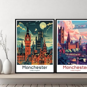 Manchester United Kingdom Poster Travel Manchester Print Canvas Poster Cityscape Art Designer Wall Manchester Retro Gift Illustration