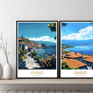 Ohrid Macedonia Poster Travel Print Lake Ohrid City Southwestern Canvas Wall Poster Cityscape Designer Retro Macedonia Illustration Decor