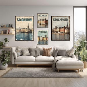 Vintage Stockholm Travel Poster Featuring Gamla Stan Waterfront And Nordic Architecture In Retro Minimal Modern Style Wall Art Print
