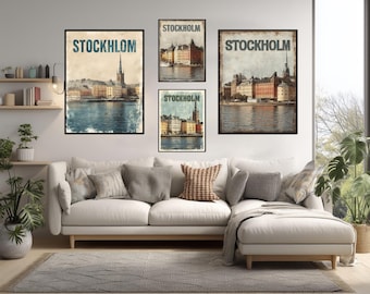 Vintage Stockholm Travel Poster Featuring Gamla Stan Waterfront And Nordic Architecture In Retro Minimal Modern Style Wall Art Print