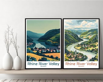 May include: Two vintage-style travel posters featuring scenic views of the Rhine River Valley in Germany. The posters are framed in black and have a retro aesthetic.