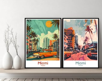 Miami Florida Poster Travel Print Miami Florida Canvas Poster Cityscape Designer Wall Art Adventure Retro Gift Illustration Home Decor
