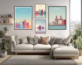 Poster di viaggio ultramoderno di Liverpool, illustrazione futuristica e minimalista della città del Regno Unito, Royal Liver Building, arte murale sul lungomare