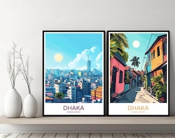 Póster de viaje de Dacca, Bangladesh, con el horizonte de Dacca, Asia, lienzo, póster de pared, papel, paisaje urbano, regalo de diseñador, ilustración de Bangladesh, decoración.