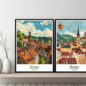 Graz Austria Poster Travel Print Austria Graz Canvas Poster Cityscape Art Designer Wall Austria Retro Gift Illustration