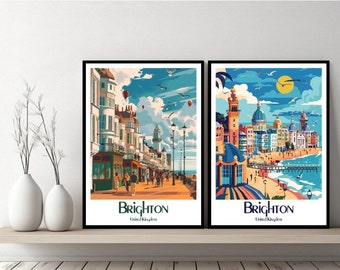 Poster di viaggio di Brighton, Regno Unito, Brighton, Inghilterra, stampa su tela, poster di paesaggio urbano, arte murale, poster da parete di design, illustrazione della città di Brighton
