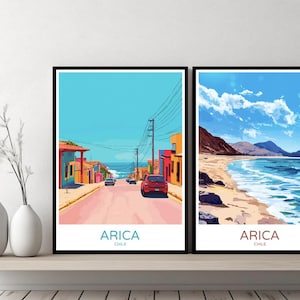 Arica Chile Poster Travel Print Arica y Parinacota Volcano Canvas Wall Poster Cityscape Designer Gift Chile Illustration Decor