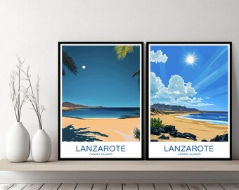 Lanzarote Canary Islands Spain Poster Travel Print Lanzarote Canary Canvas Wall Poster Cityscape Designer Retro Spain Illustration Decor