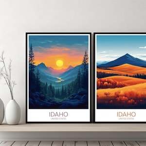 Idaho Poster Travel Print United States Idaho Craters Mountains Nature Boise Landscape Canvas Wall Designer Gift Digital Illustration Decor