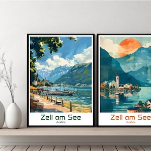 Affiche de Zell am See Autriche, impression de voyage Salzbourg, affiche en toile de Zell am See, paysage urbain, designer d'art, mur, Autriche, cadeau rétro, illustration