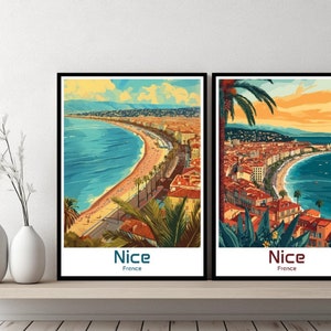 Póster de Niza, Francia, viaje, Niza, impresión en lienzo, póster de paisaje urbano, arte mural, pósteres de pared de diseñador, Francia, Niza, puesta de sol, playa, ilustración
