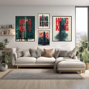 Bold Typographic Poster Of Hong Kong With Stacked Letters And Victoria Peak Outline | Red And Jade Color Modern Wall Art Printable