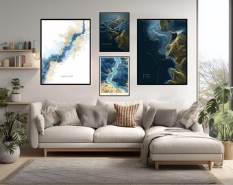 Abstract Geometric Poster Of Rhine River Germany Modern Topographic Wall Art Minimalist Mapping Design Elegant Blue And Gold Travel Print