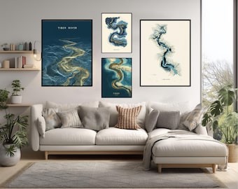 Abstract Geometric Poster Of Tiber River Rome Italy Modern Mapping Style Topographic Blue And Gold Minimalist Contemporary Travel Wall Art