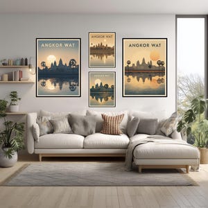 Angkor Wat Cambodia Retro Minimal Travel Poster Vintage Style Wall Art Print Ancient Temple Landscape Home Decor