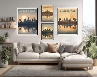 Angkor Wat Cambogia Retro Minimal Travel Poster Vintage Style Wall Art Print Antico Tempio Paesaggio Decorazione per la casa