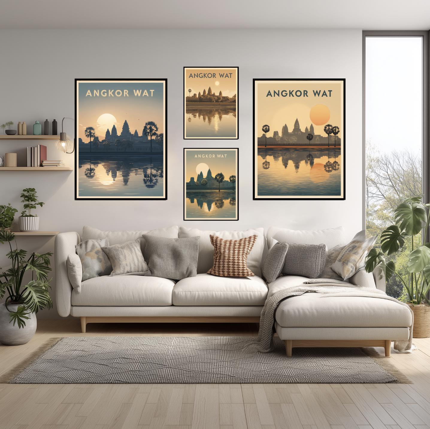 Angkor Wat Cambodia Retro Minimal Travel Poster Vintage Style Wall