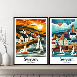 Swansea Poster Travel Swansea Wales Print Canvas Poster Cityscape Art Designer Wall Swansea United Kingdom Illustration
