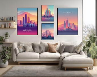 Mexico City Ultra Modern Travel Poster Minimalist Futuristic Skyline Print Contemporary Art Vibrant Colors Mexico Home Decor Illustration