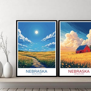 Nebraska Poster Travel Print Nebraska Landscape Lincoln Omaha United States Canvas Wall Poster Cityscape Designer Gift Illustration Decor