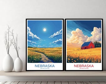 Nebraska Poster Travel Print Nebraska Landscape Lincoln Omaha United States Canvas Wall Poster Cityscape Designer Gift Illustration Decor