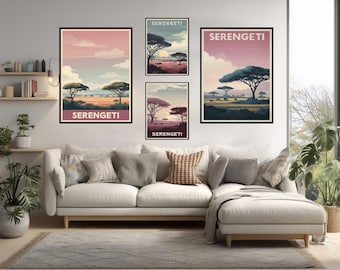 Poster di viaggio vintage Serengeti Tanzania, arte murale minimalista retrò, safari africano, fauna selvatica, paesaggio